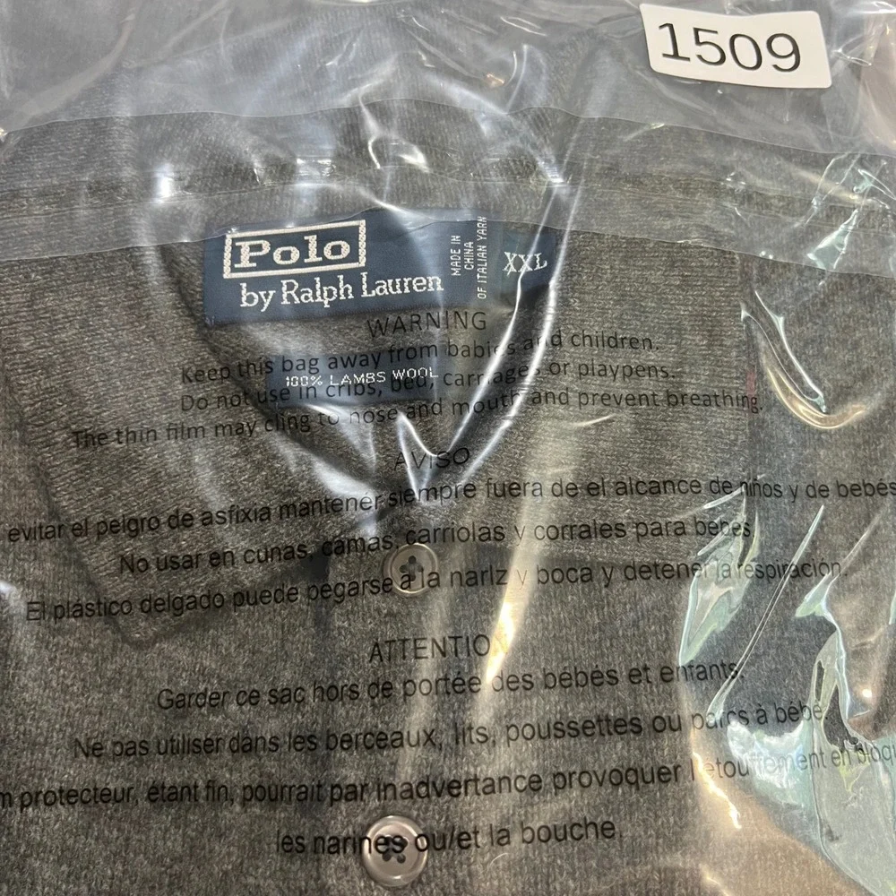 Polo Ralph Lauren Men XXL Gray 100% Lambswool Long Sleeve Polo Sweater Pony Logo